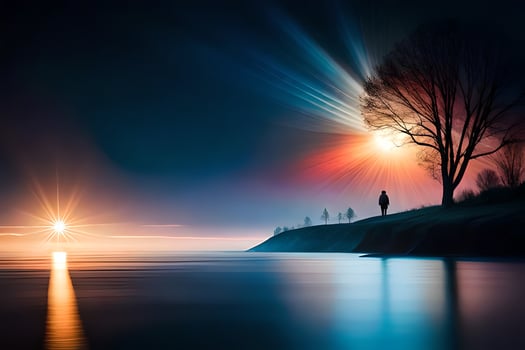 a man stands on a hill overlooking the water at night. AI-Generated photo