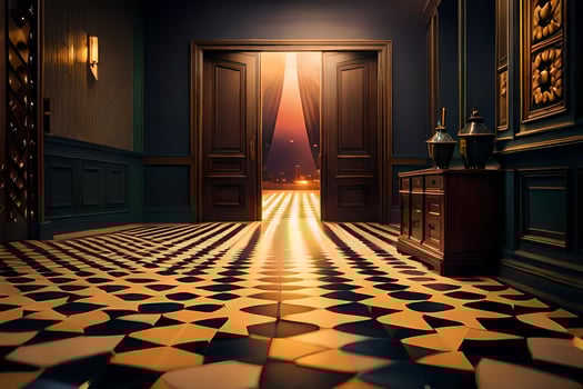 the hallway is decorated with a checkered floor and a door. AI-Generated photo