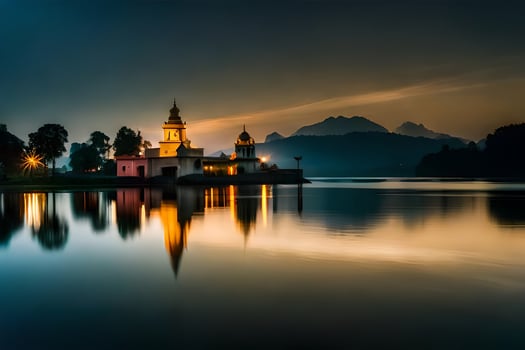 a church is reflected in the water at night. AI-Generated photo