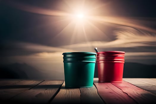 two red and green buckets on a wooden table. AI-Generated photo