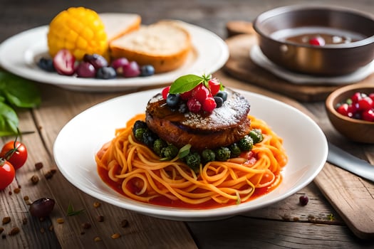 spaghetti with meat and vegetables on a wooden table. AI-Generated photo