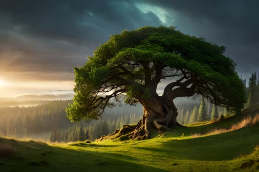 a tree on a hill with a sun setting behind it. AI-Generated photo