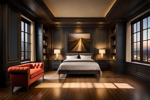 a bedroom with dark wood floors and a bed. AI-Generated photo