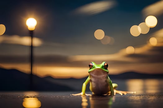 a frog sitting on the ground at night. AI-Generated photo