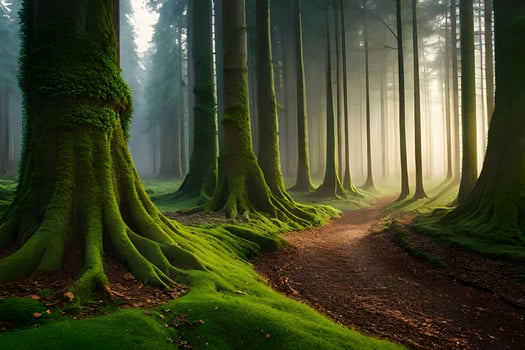 a path through a forest with mossy trees. AI-Generated photo