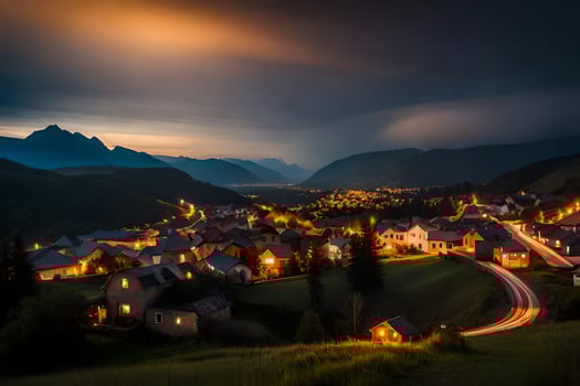 photo wallpaper the sky, mountains, night, the village, road, the village, the village. AI-Generated