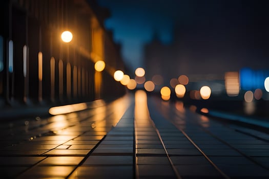 a long walkway with lights on it at night. AI-Generated photo
