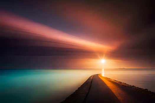 a long road leading to the ocean at sunset. AI-Generated photo