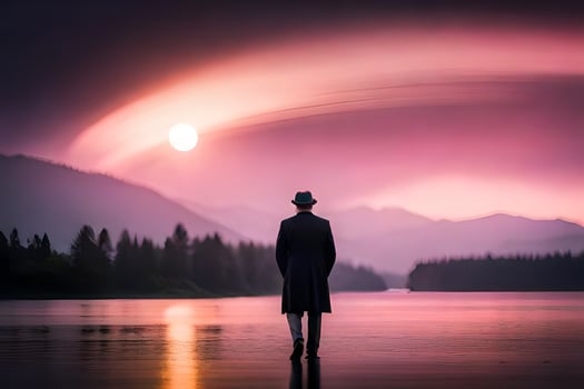 a man in a hat stands in front of a lake at sunset. AI-Generated photo