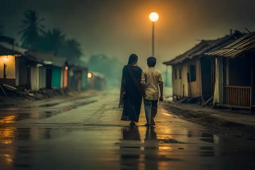 two people walking down a wet street at night. AI-Generated photo
