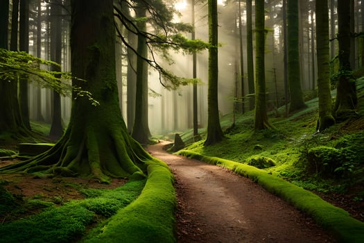 a path through a green forest with mossy trees. AI-Generated photo
