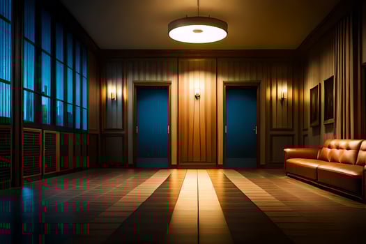 a hallway with a couch and two doors. AI-Generated photo