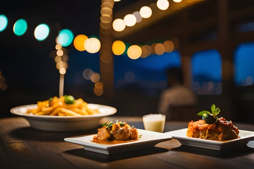 two plates of food sit on a table at night. AI-Generated photo