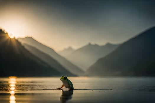 a frog sitting on the edge of a lake at sunset. AI-Generated photo
