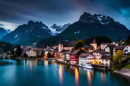 the town of switzerland is lit up at night. AI-Generated photo