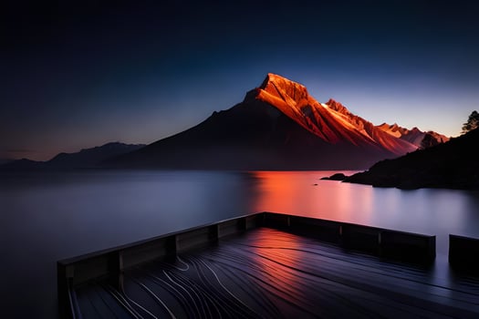 a mountain at sunset with a dock and water. AI-Generated photo