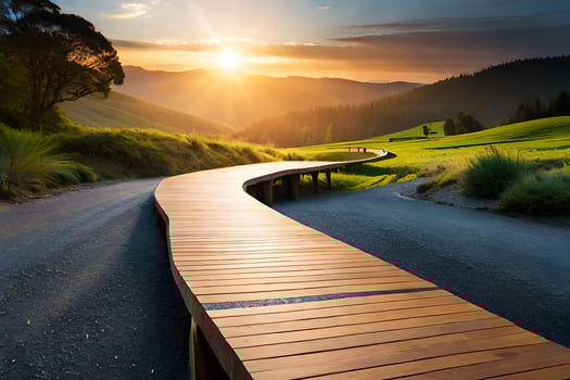 a wooden walkway leads to the sunset in a field. AI-Generated photo