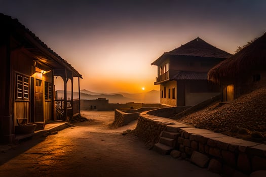 the sun sets over a village in the desert. AI-Generated photo