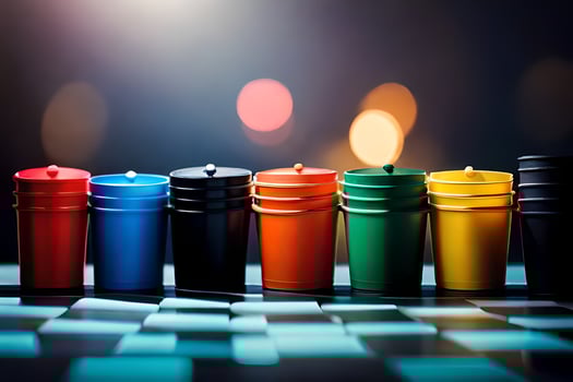 a row of colorful cups on a chess board. AI-Generated photo