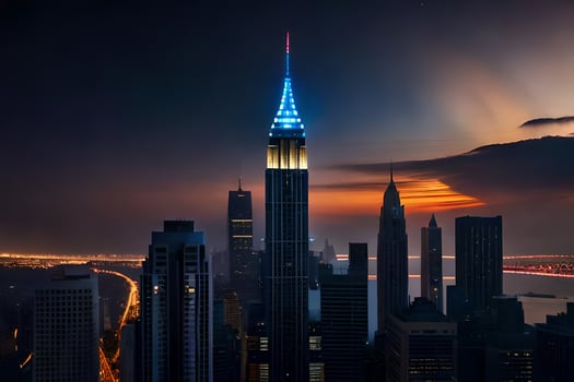 the empire state building is lit up in blue and white. AI-Generated photo