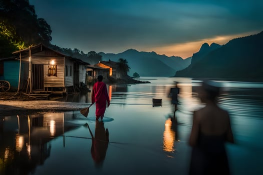 people walking on the shore of a river at night. AI-Generated photo