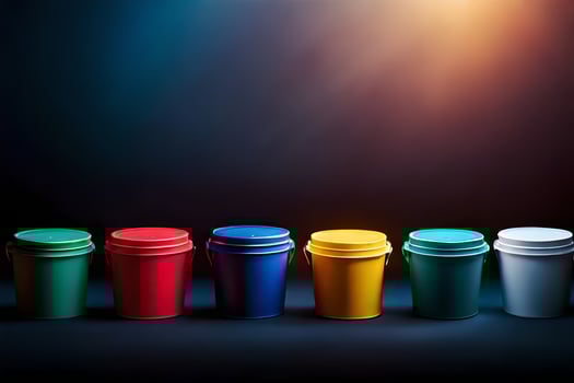 six colorful plastic buckets on a dark background. AI-Generated photo