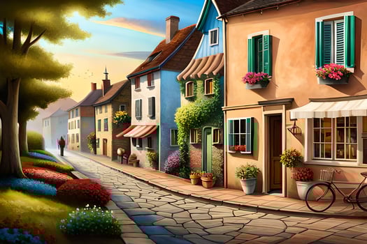 a painting of a street with a bike and flowers. AI-Generated photo