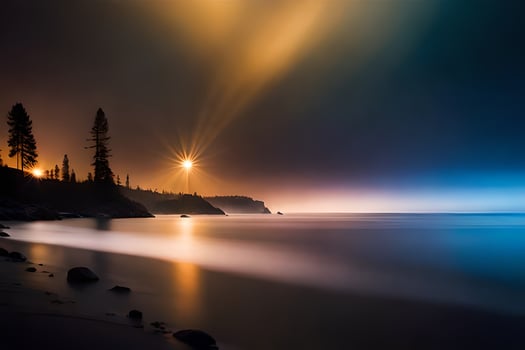 a long exposure photograph of the lighthouse at night. AI-Generated photo