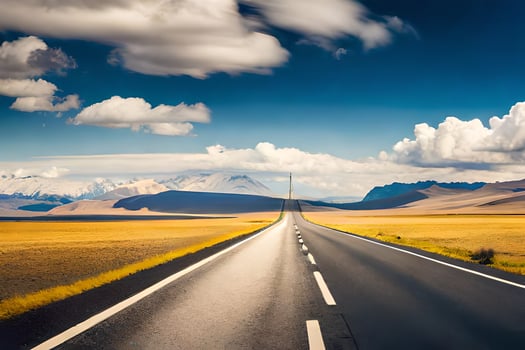 an empty road in the middle of a desert. AI-Generated photo