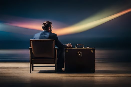 a man in a suit sits in a chair with a suitcase. AI-Generated photo