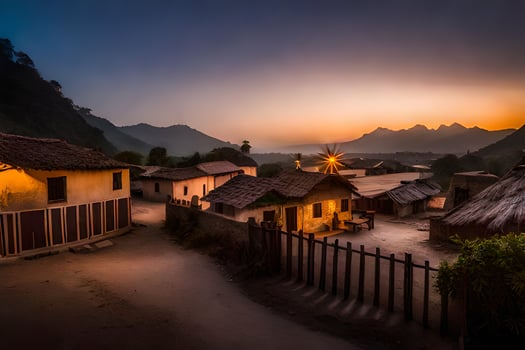 a village at sunset with a mountain in the background. AI-Generated photo