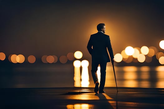 a man in a suit walking along the water at night. AI-Generated photo
