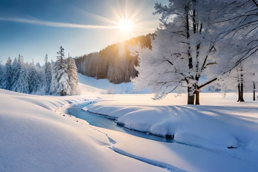 snow covered trees and a stream in the winter. AI-Generated photo