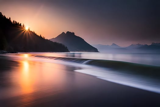 the sun rises over a mountain range and a beach. AI-Generated photo