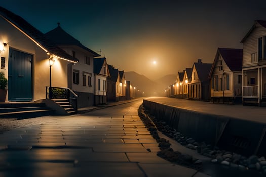a street at night with houses and a moon. AI-Generated photo