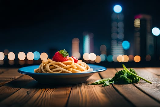 a plate of pasta with broccoli and a strawberry on a wooden table in the city. AI-Generated photo