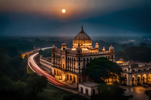the moon rises over the city of kolkata. AI-Generated photo