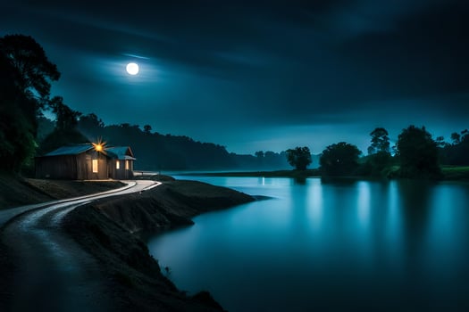 a house sits on the shore of a lake at night. AI-Generated photo