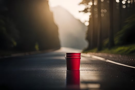 a red bucket sits on the side of a road. AI-Generated photo