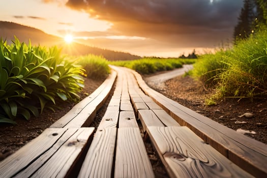 wooden path in the sunset. AI-Generated photo