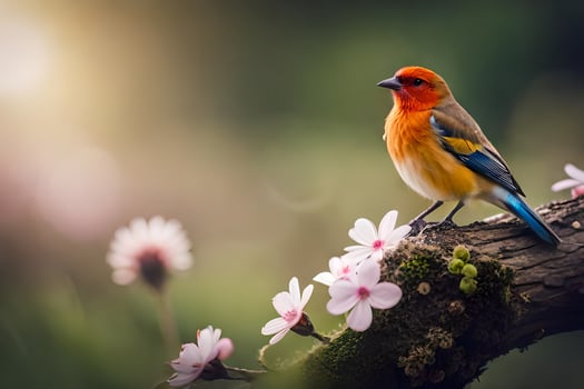 photo wallpaper bird, flowers, spring, the sun, bird, bird wallpaper, wallpaper hd. AI-Generated