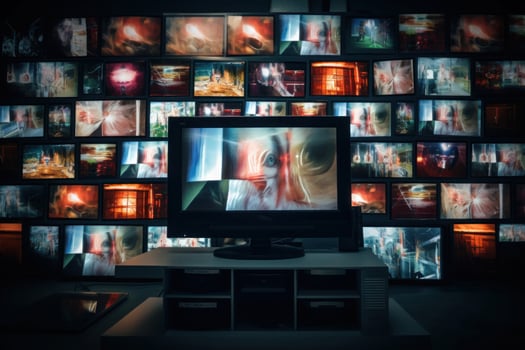 Many TV screens in room. Generative AI photo