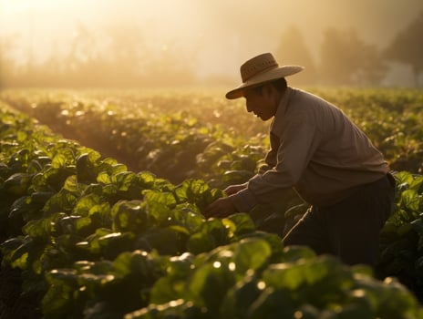 Farmer tending to rows of crops in a sunlit field AI Generative photo