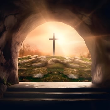 Resurrection Of Jesus Christ, Tomb Empty, Crucifixion At Sunrise photo