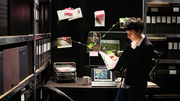 Police officer searching for evidence so solve crime case, looking at confidential records in incident room. Woman expert analyzing background check, conducting investigation with forensic reports. photo