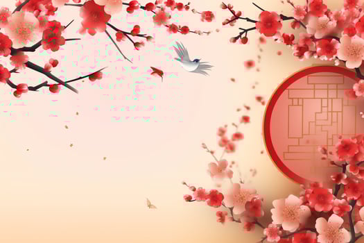 Chinese new year background with traditional lanterns, sakura flowers and copy space. Lunar new year concept by AI Generated photo