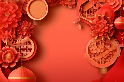 Chinese new year background with traditional lanterns, sakura flowers and copy space. Lunar new year concept by AI Generated photo