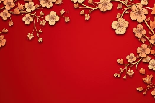 A red background with a border of beige flowers. AI Generated photo