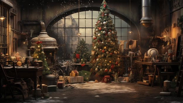 Generative AI, Christmas interior rural background, Santa Claus rustic workshop photo