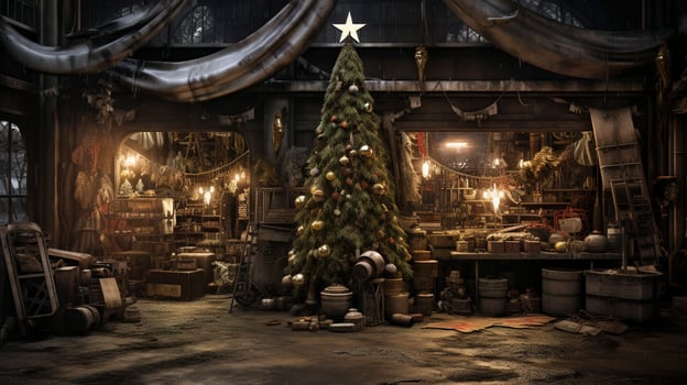 Generative AI, Christmas interior rural background, Santa Claus rustic workshop photo
